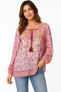 Lucky Brand Boho Embroidered Tunic Top Pink Paisley Long Sleeve XS Cotton India